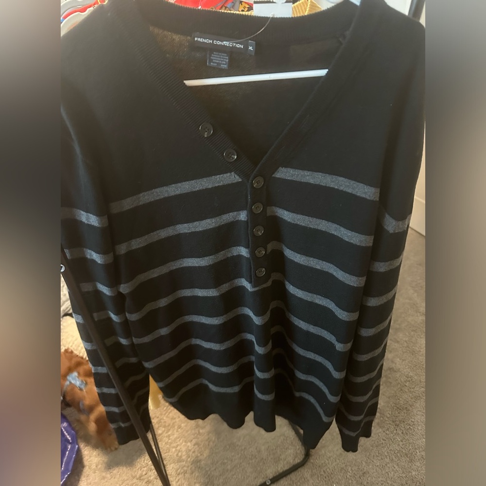 Men’s oversized French Connection button down striped sweater sized XL.